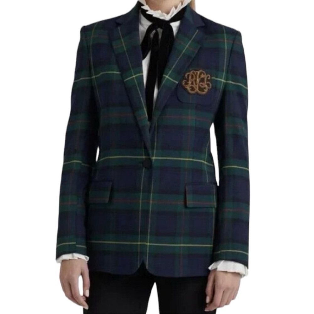 Lauren Ralph Lauren Tartan Plaid Blazer Jacket Wool Blend Bullion Patch 16W NWT - Picture 1 of 15